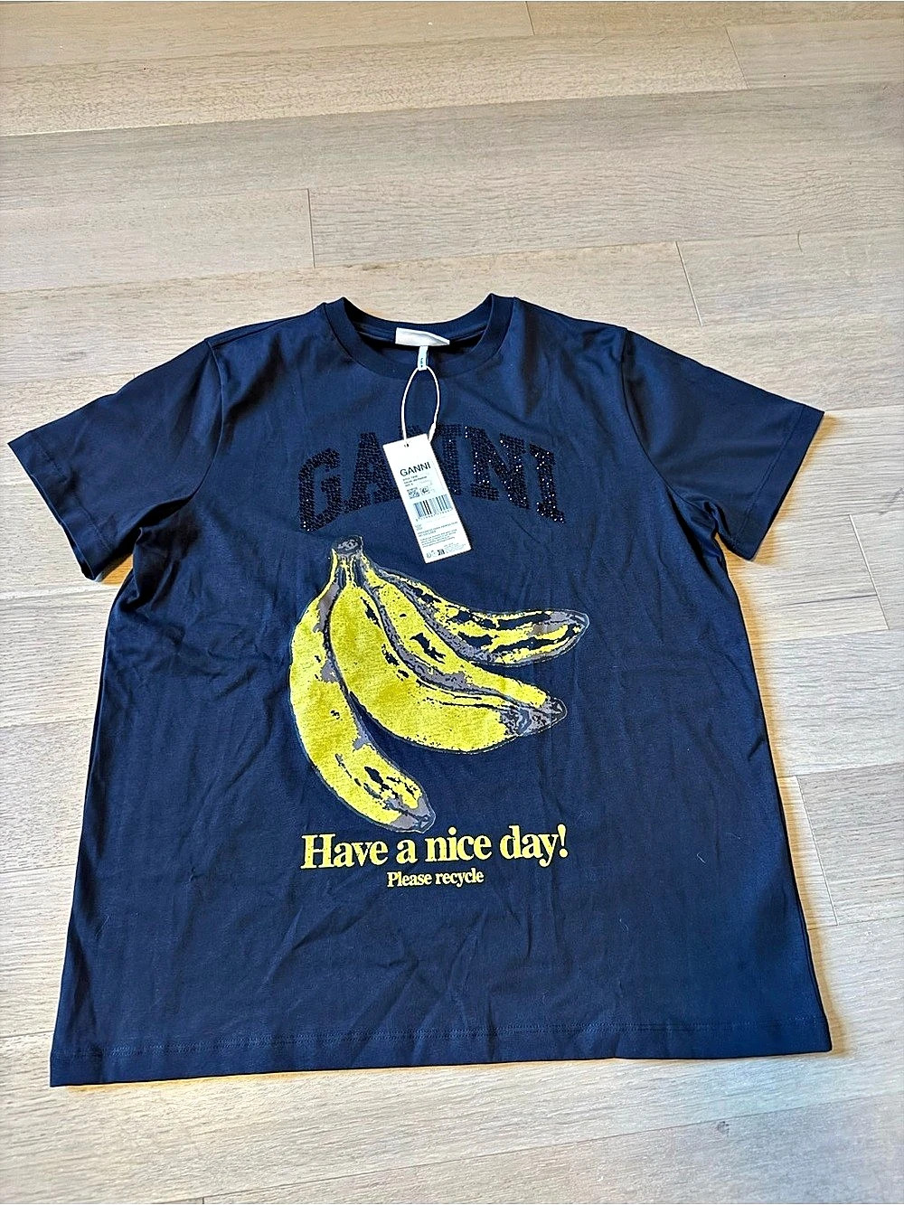 NWT GANNI rhinestone-logo banana-print T-shirt